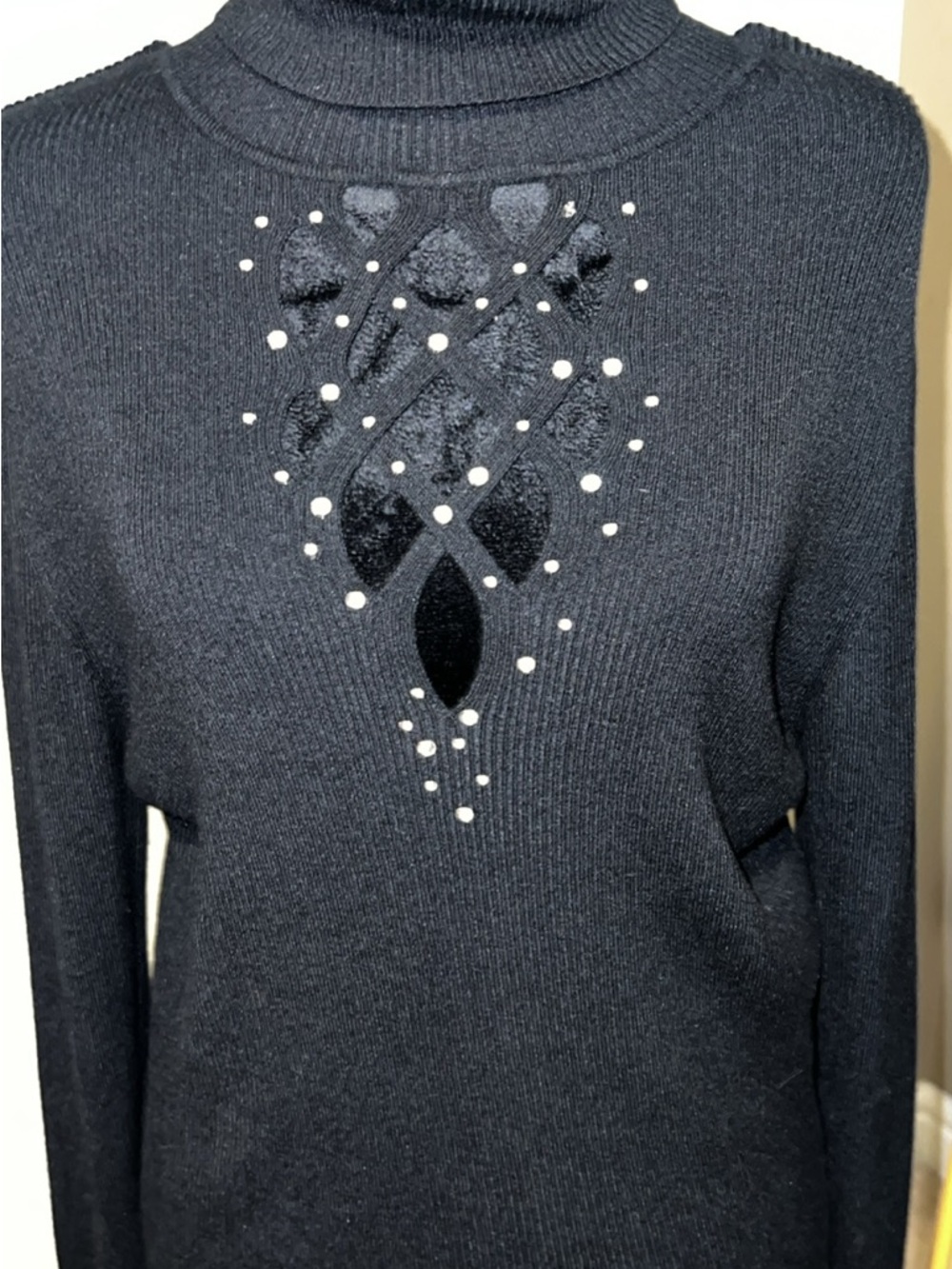 Women's Black Mock-Turtleneck Sweater with Velvet Appliqué